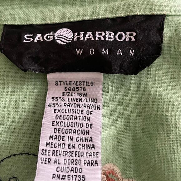 Sag Harbor Womens linen Top lime Green Button Front Short Sleeve Embroidered - Picture 4 of 5